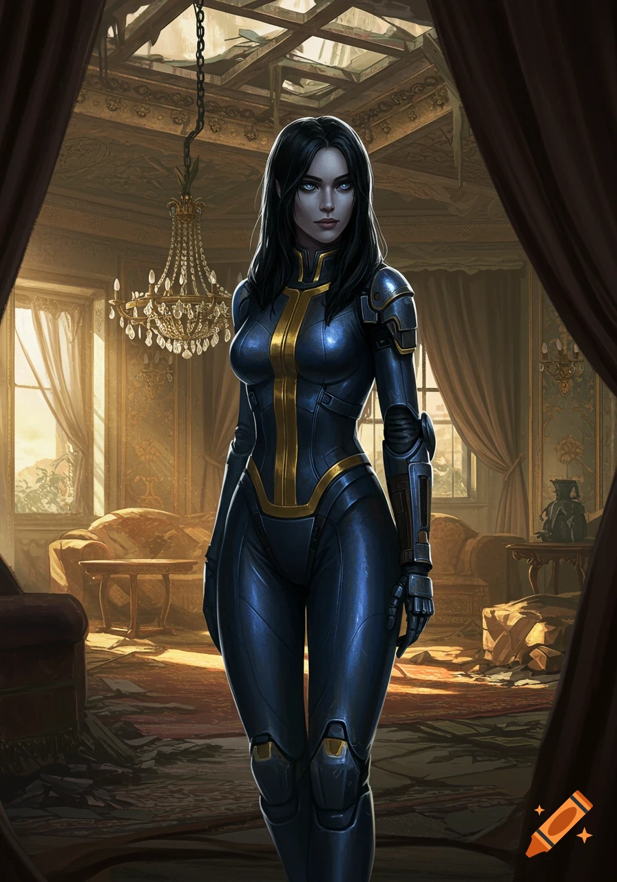 A woman in a dark blue and gold sci-fi suit stands in a ruined, ornate penthouse. Fantasy art style.