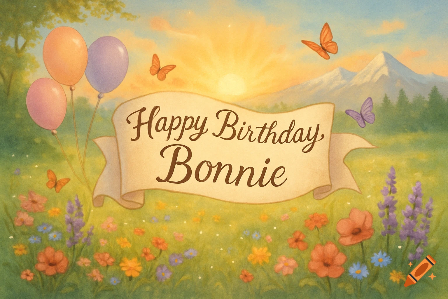 Birthday card with 'Happy Birthday Bonnie' on a banner, featuring balloons, butterflies, wildflowers, mountains, and a sunset in a vibrant painting style.