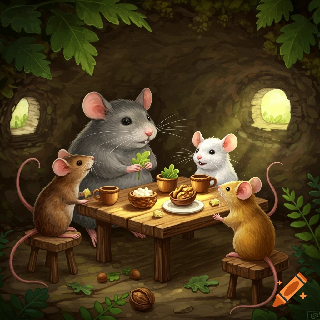 An illustration of four cartoon mice having a tea party around a wooden table in a cozy burrow with leaves.