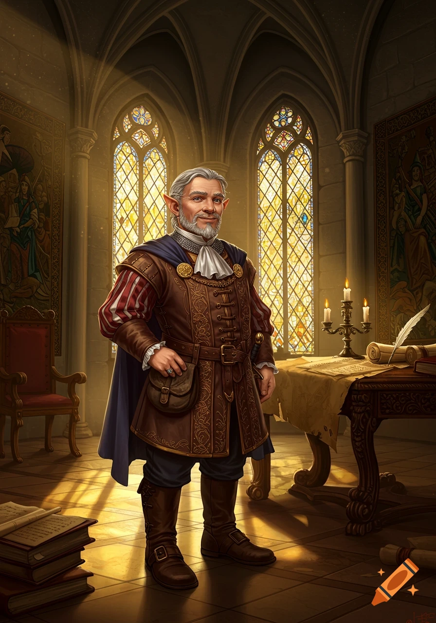 A detailed illustration of a grey-haired male halfling in medieval attire standing in a grand room with stained glass windows.