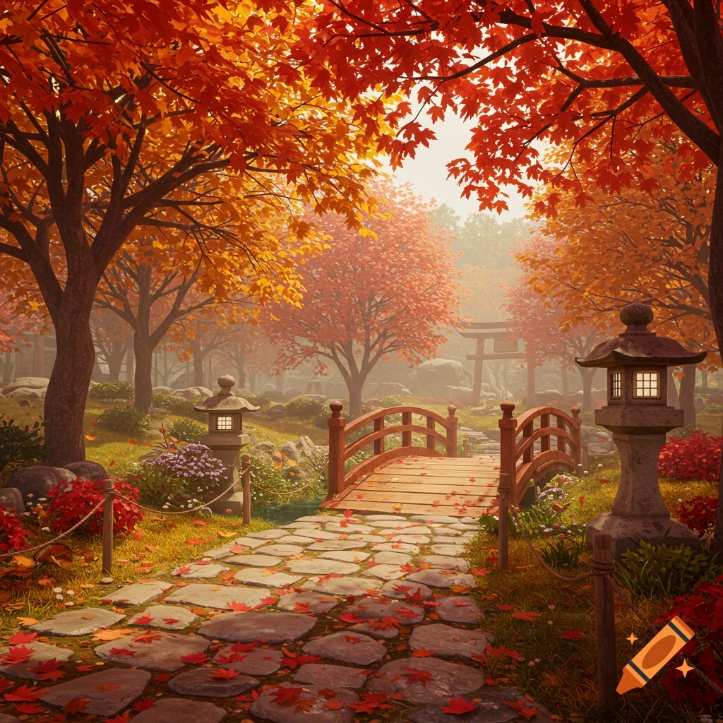 A vibrant autumn garden in Studio Ghibli style, featuring a stone path, red maple trees, a small wooden bridge, and stone lanterns.
