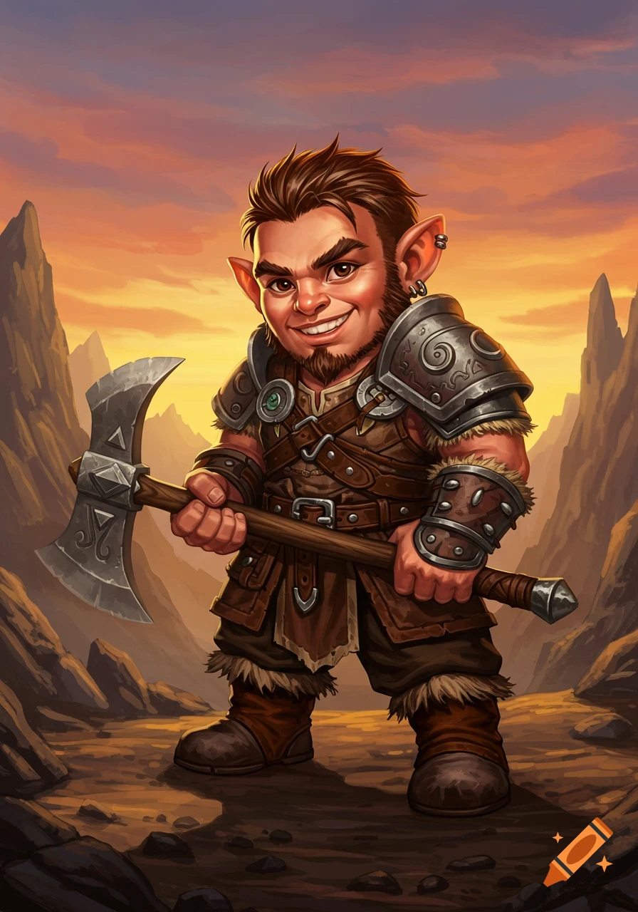 Cartoonish barbarian halfling with a beard and armor, smirking and holding a battle axe in a rocky landscape under an orange sky.