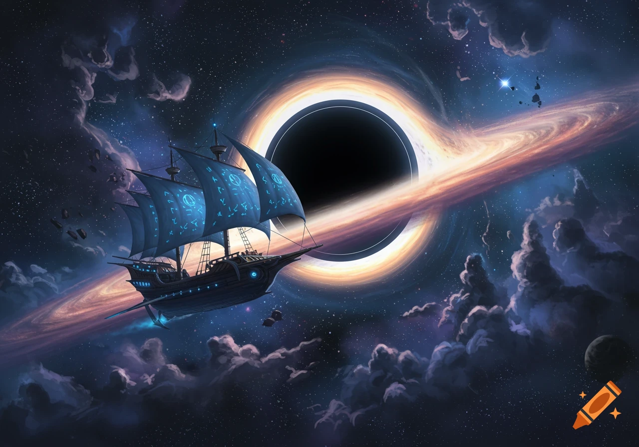 A fantastical ship with glowing blue sails adorned with runes flies through space past a black hole with a bright accretion disk. Dark nebulae and scattered debris are visible.