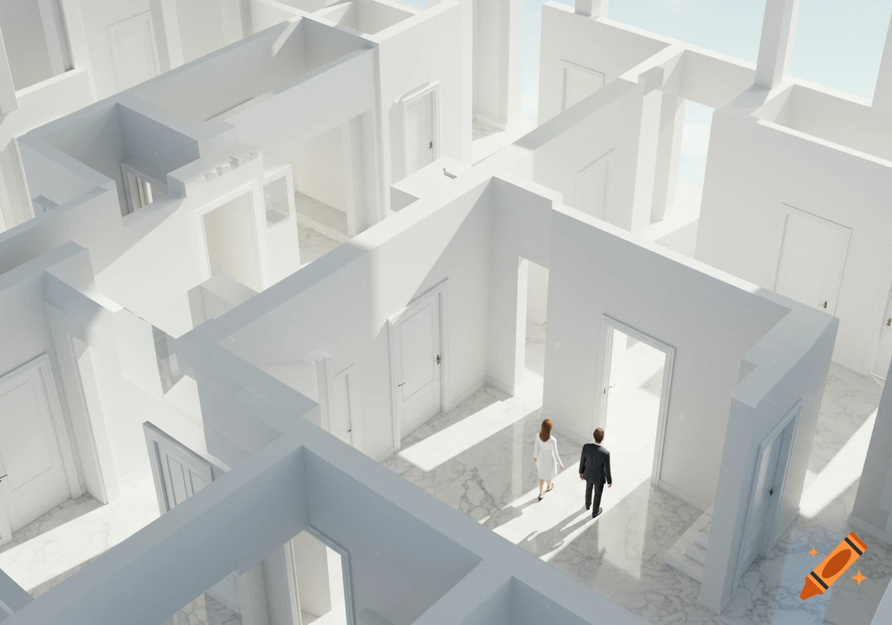 Overhead view of a man and woman navigating a sprawling, minimalist white house with many doors and marble floors, casting long shadows.