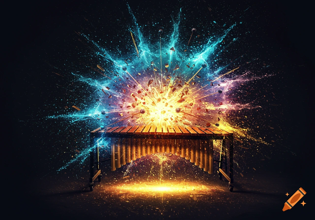 A marimba explodes with a vibrant burst of orange, yellow, and blue light, scattering debris against a dark background in a stylized manner.