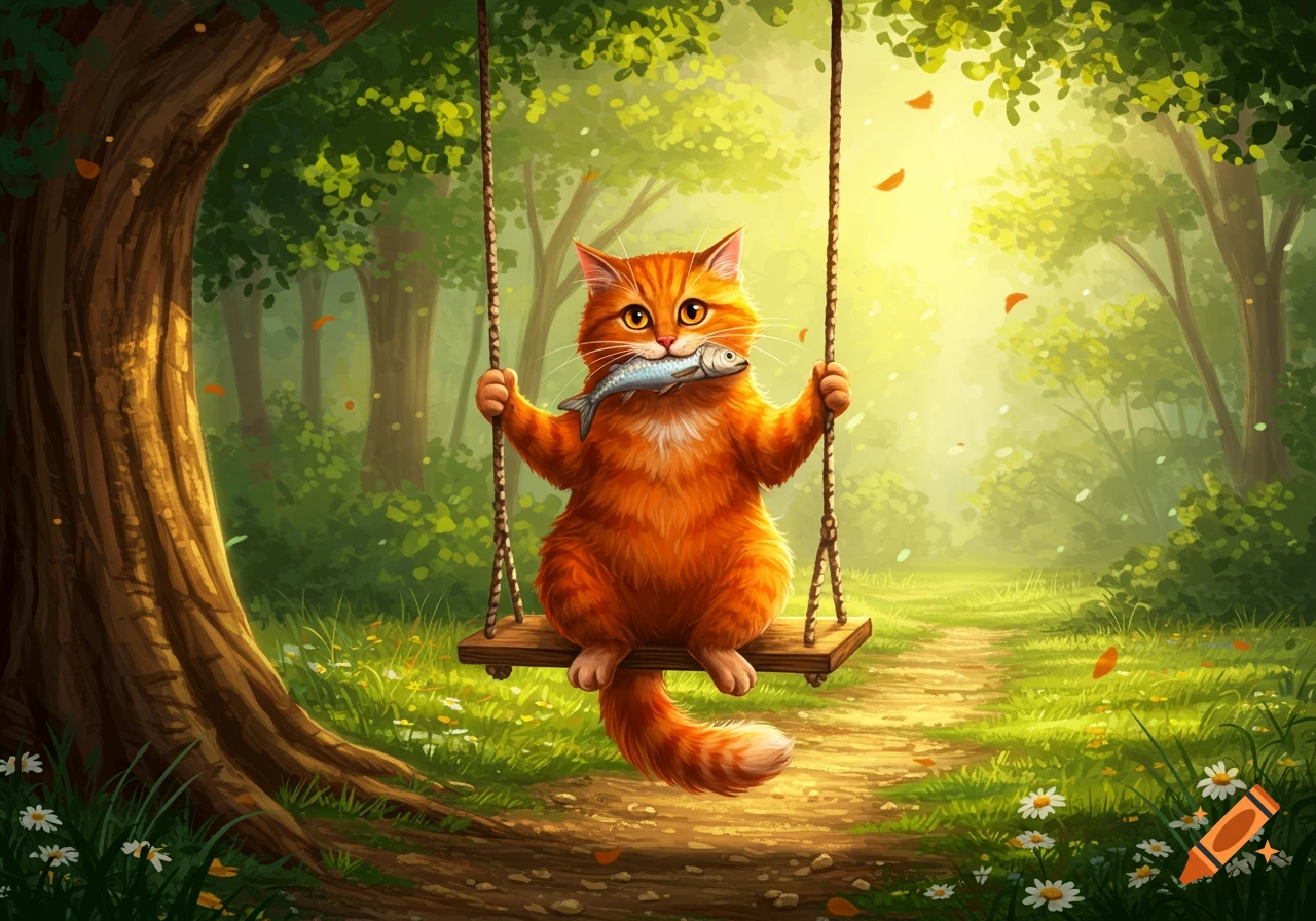An orange fluffy cat with big eyes sits on a wooden swing in a sunlit forest, holding a silver fish in its mouth.
