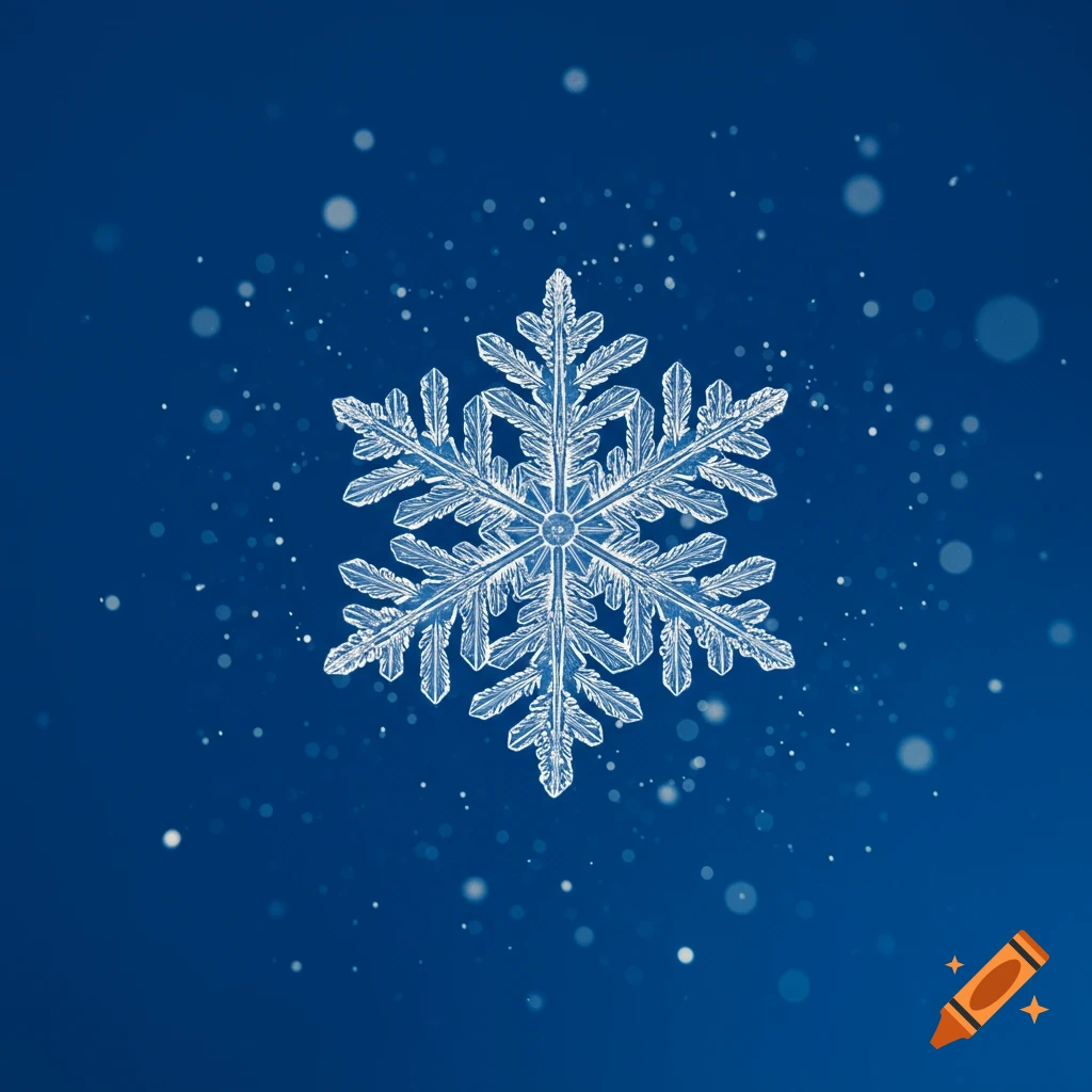 A detailed, intricate snowflake against a deep blue background with soft bokeh lights.
