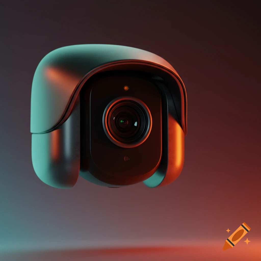 A stylish, modern close-up of a black CCTV camera with teal and orange lighting, on a dark background.