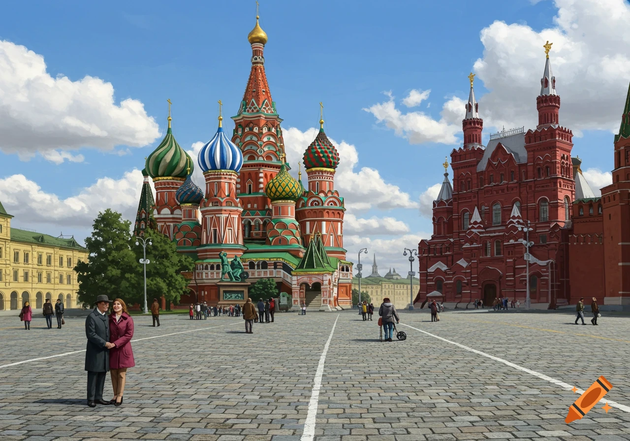 A couple stands in Moscow's Red Square with St. Basil's Cathedral and the State Historical Museum under a blue sky.