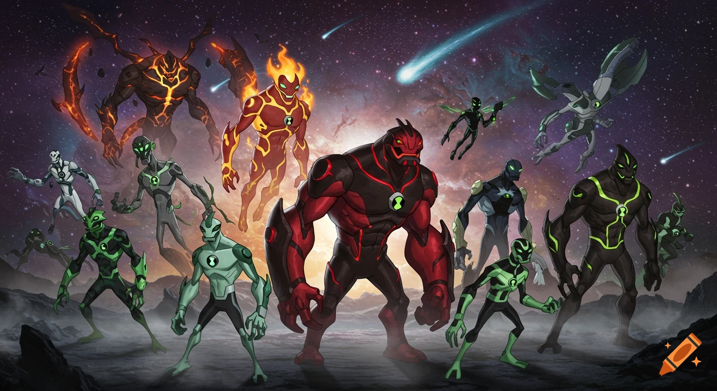 A vibrant illustration of many Ben 10 Omniverse aliens in different forms, standing on a dark planet surface with a cosmic starry background.