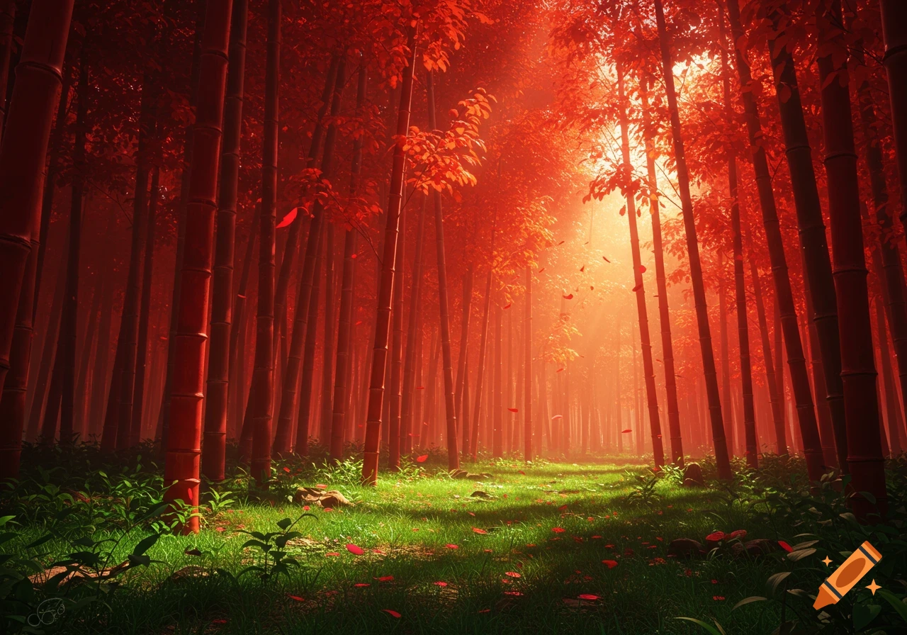 Vivid red bamboo forest with glowing sunlight filtering through the canopy, illuminating a vibrant green path covered in fallen red leaves.