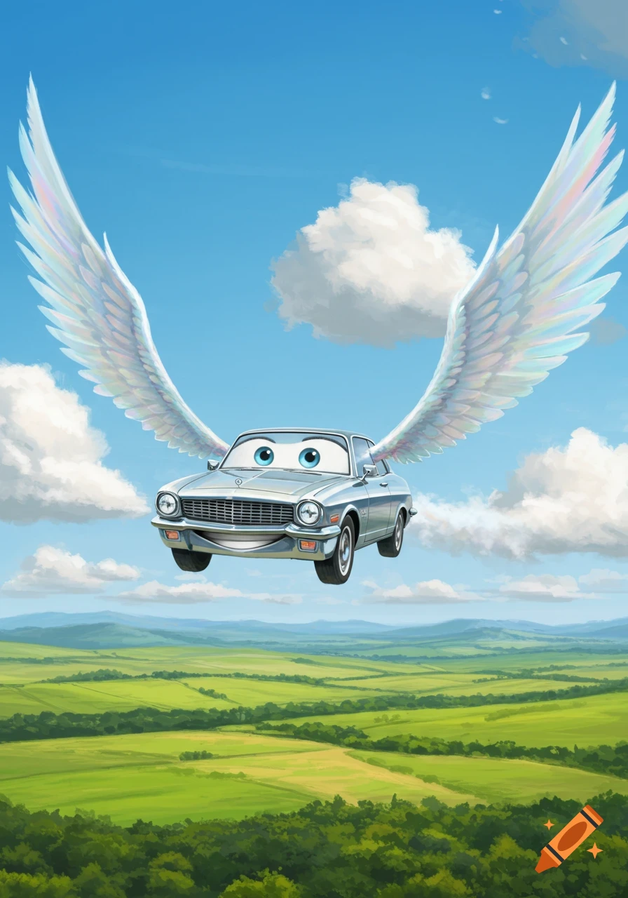 A smiling silver cartoon car with large white wings flies through a blue sky above a green, hilly landscape.