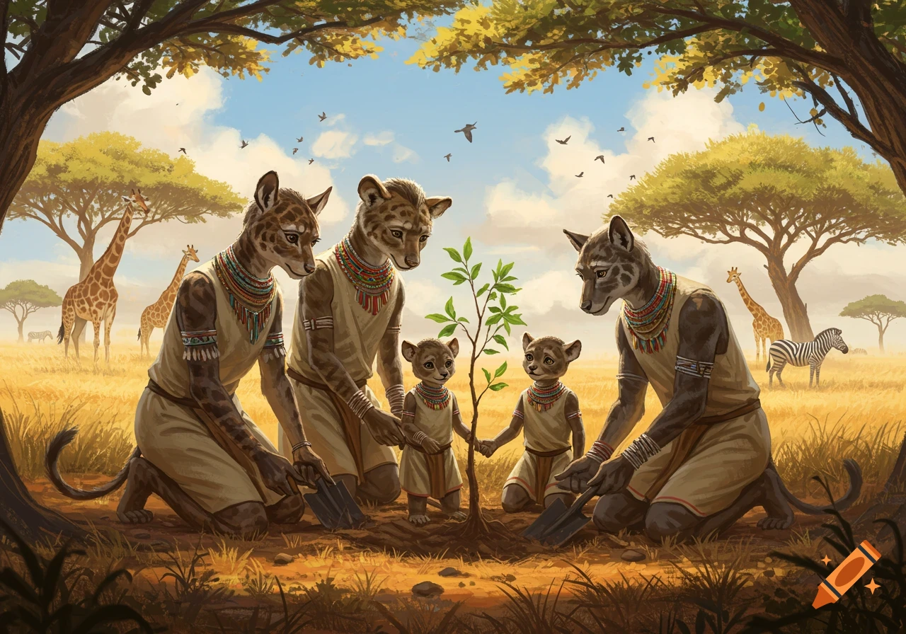 An illustrated anthropomorphic leopard family, including two adults and two cubs, planting a small tree in an African savannah landscape.