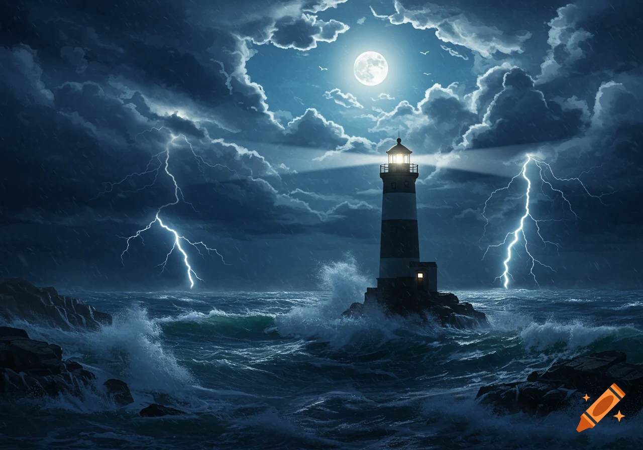 A dramatic night scene of a lighthouse on a rocky shore during a stormy sea, illuminated by lightning and a full moon.