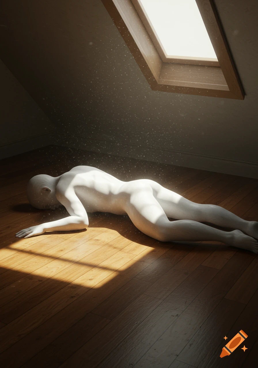 A white, featureless figure lies on a wooden floor, bathed in a sunbeam from a skylight.