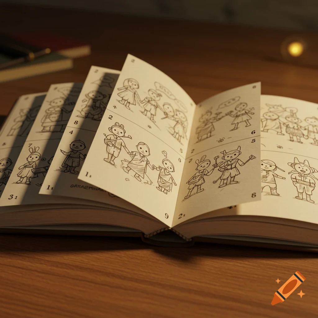 An open flipbook on a wooden table, displaying pages with simple black-and-white drawings of cartoon characters.