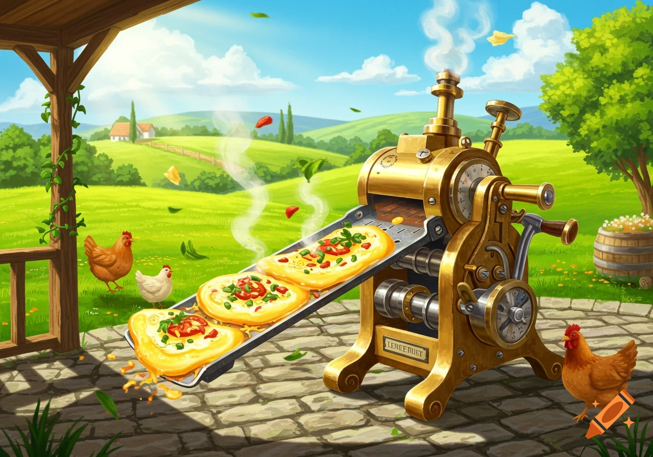 Whimsical cartoon shows a golden, steampunk-style machine making omelets on a sunny farm with chickens.