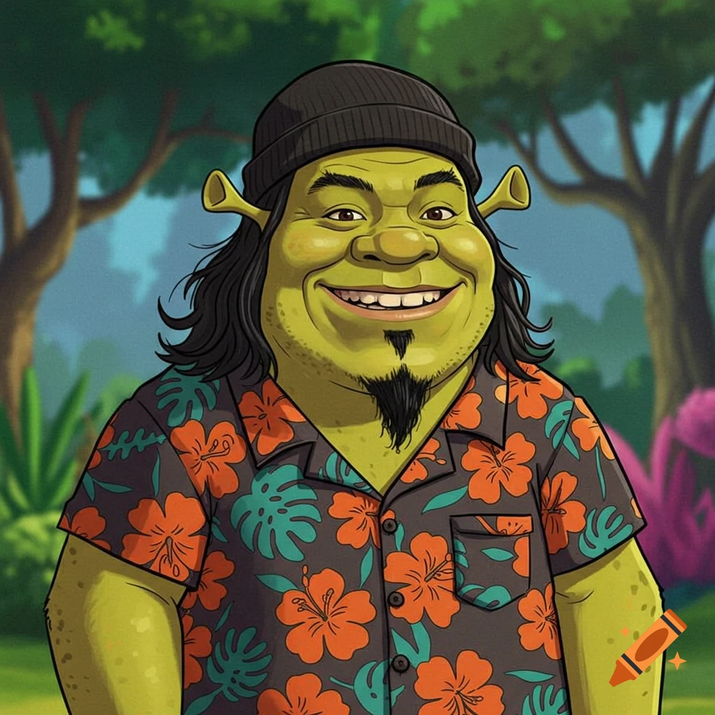 Cartoon parody of Shrek with Asian features, long black hair, goatee, black beanie, and floral Hawaiian shirt, smiling in a jungle.