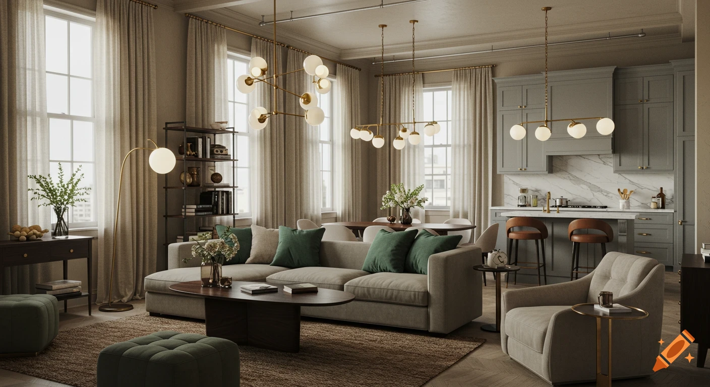 A photorealistic rendering of a modern classic loft interior with a living room, dining area, and open kitchen.