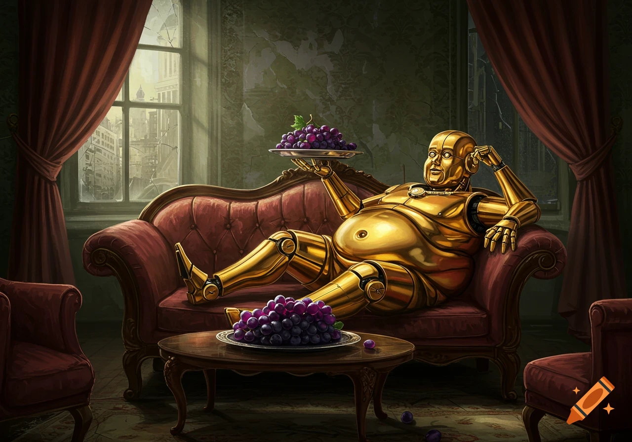 An obese golden robot in a decadent, dilapidated room lounges on a red sofa, holding a plate of purple grapes, with another plate on a table.