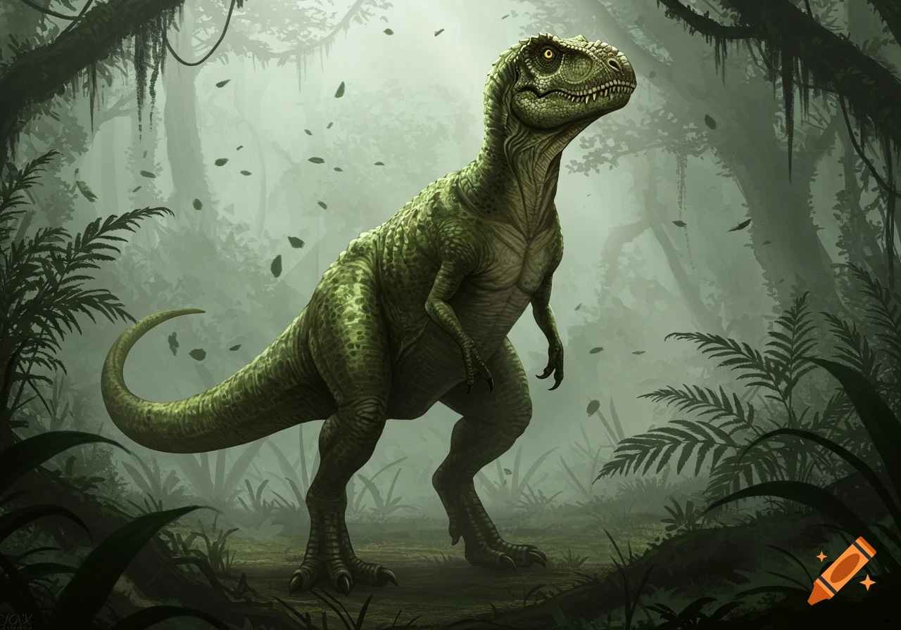 A detailed, green Tyrannosaurus Rex stands in a misty jungle forest with light filtering through the canopy.