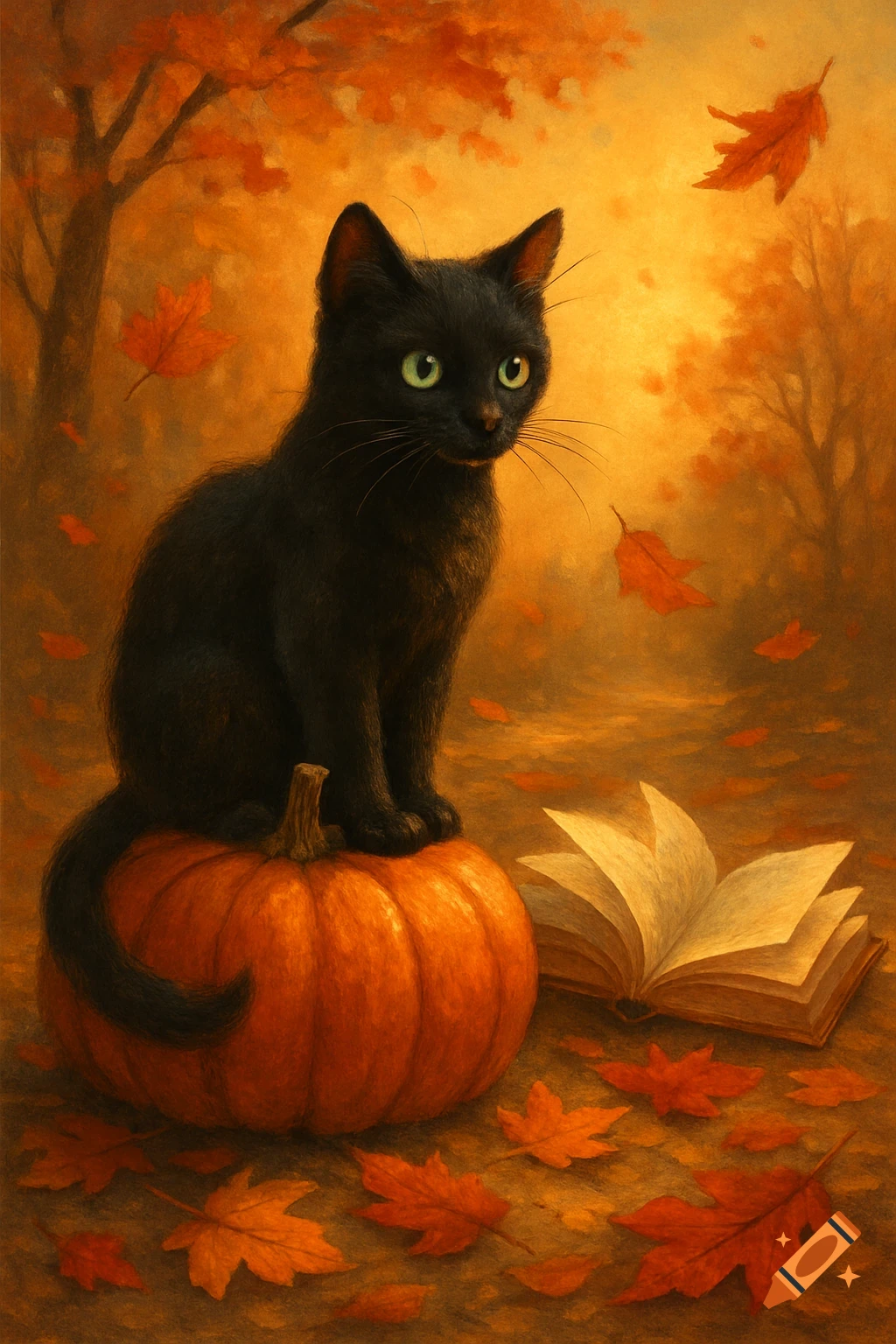 A black cat with green eyes sits on an orange pumpkin, surrounded by fallen autumn leaves and an open book in a painterly fall scene.