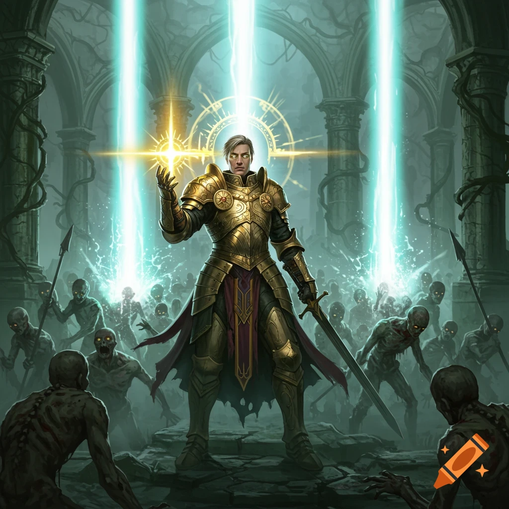 A golden-armored fantasy cleric with a sword channels divine energy to blast a horde of zombies in a ruined hall.