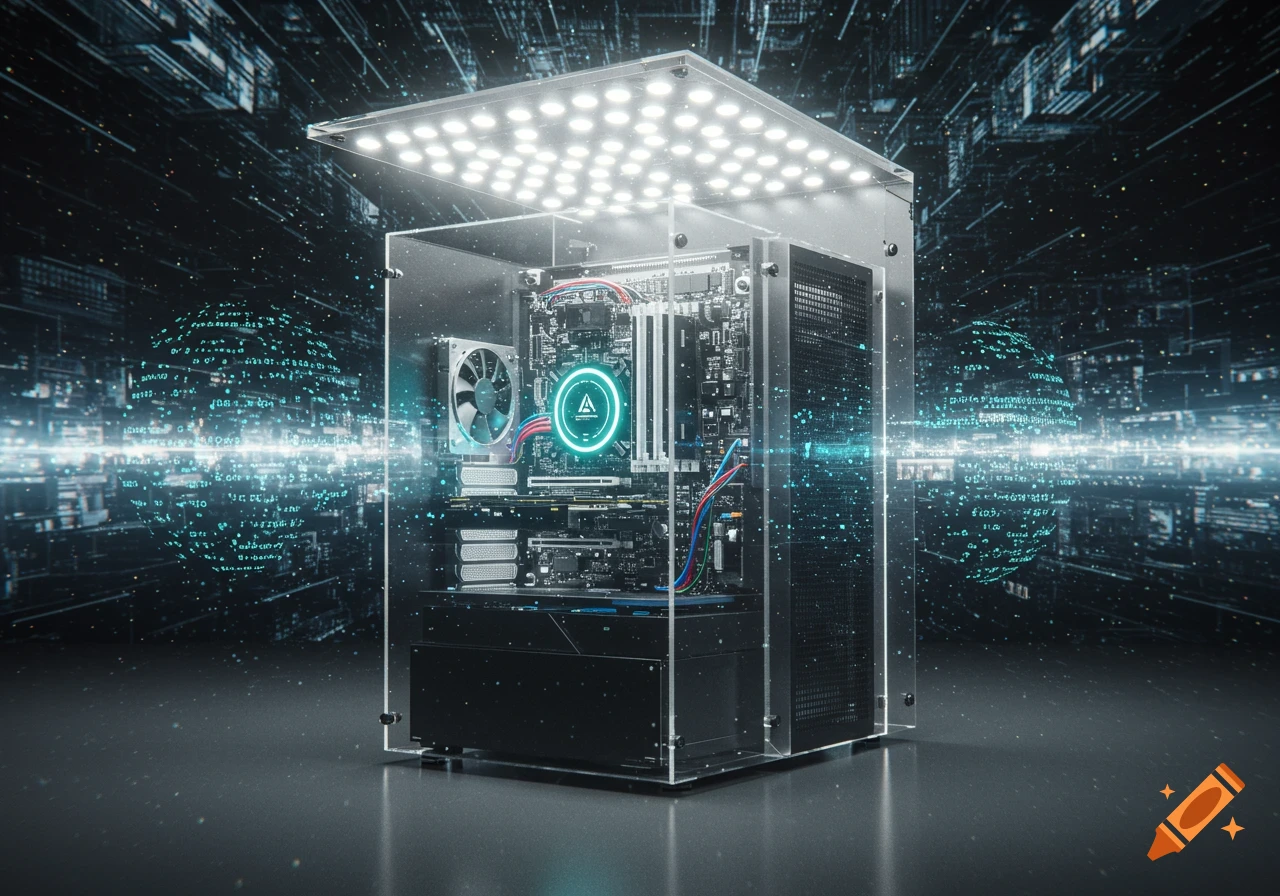 A futuristic computer with a transparent case and glowing components sits in a digital, circuit-like background.