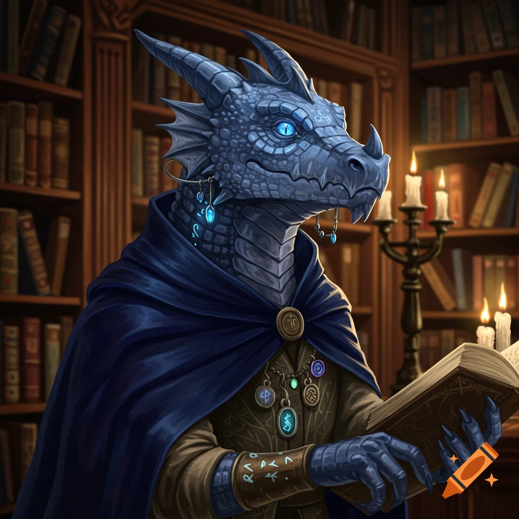 A blue scaly dragon-like creature (kobold/dragonborn) in a library, wearing a dark blue cloak and holding an open book. Candles glow in the background.