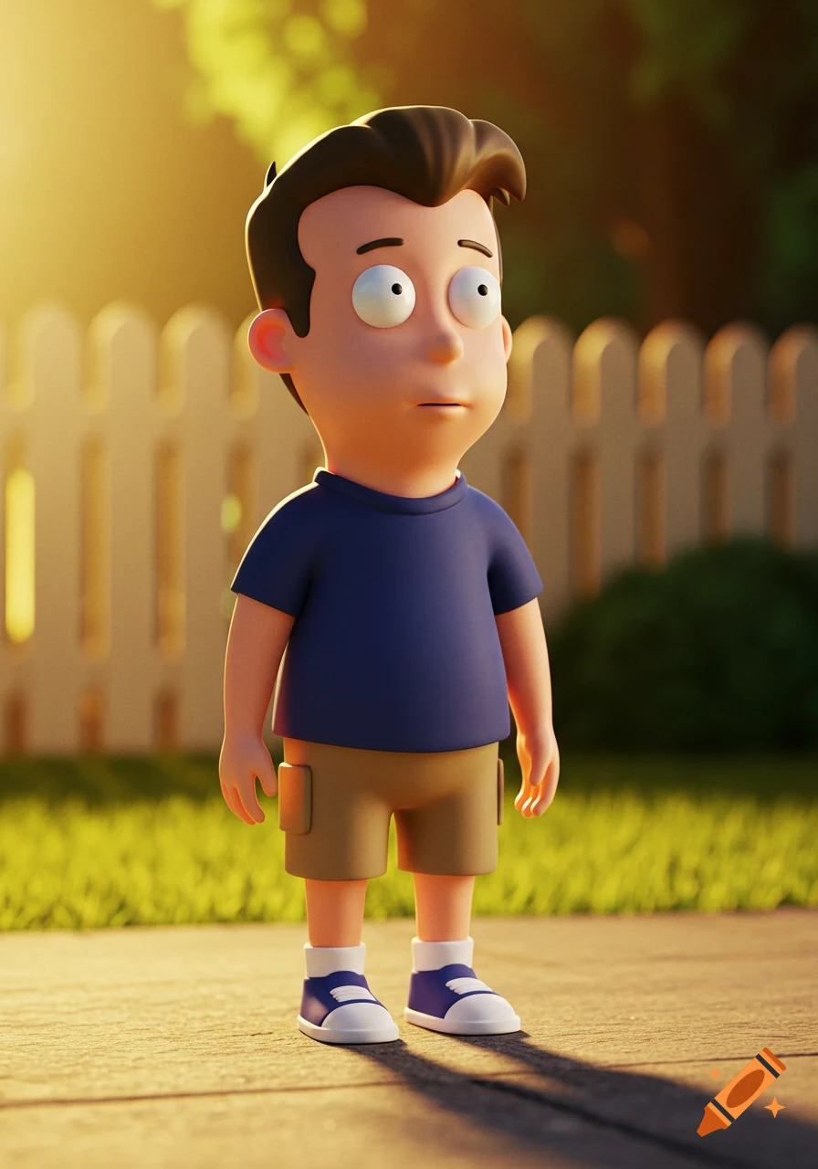 A 3D animated boy in a blue t-shirt and khaki shorts stands on a sidewalk, backlit by golden sunlight with a white fence and grass in the background.