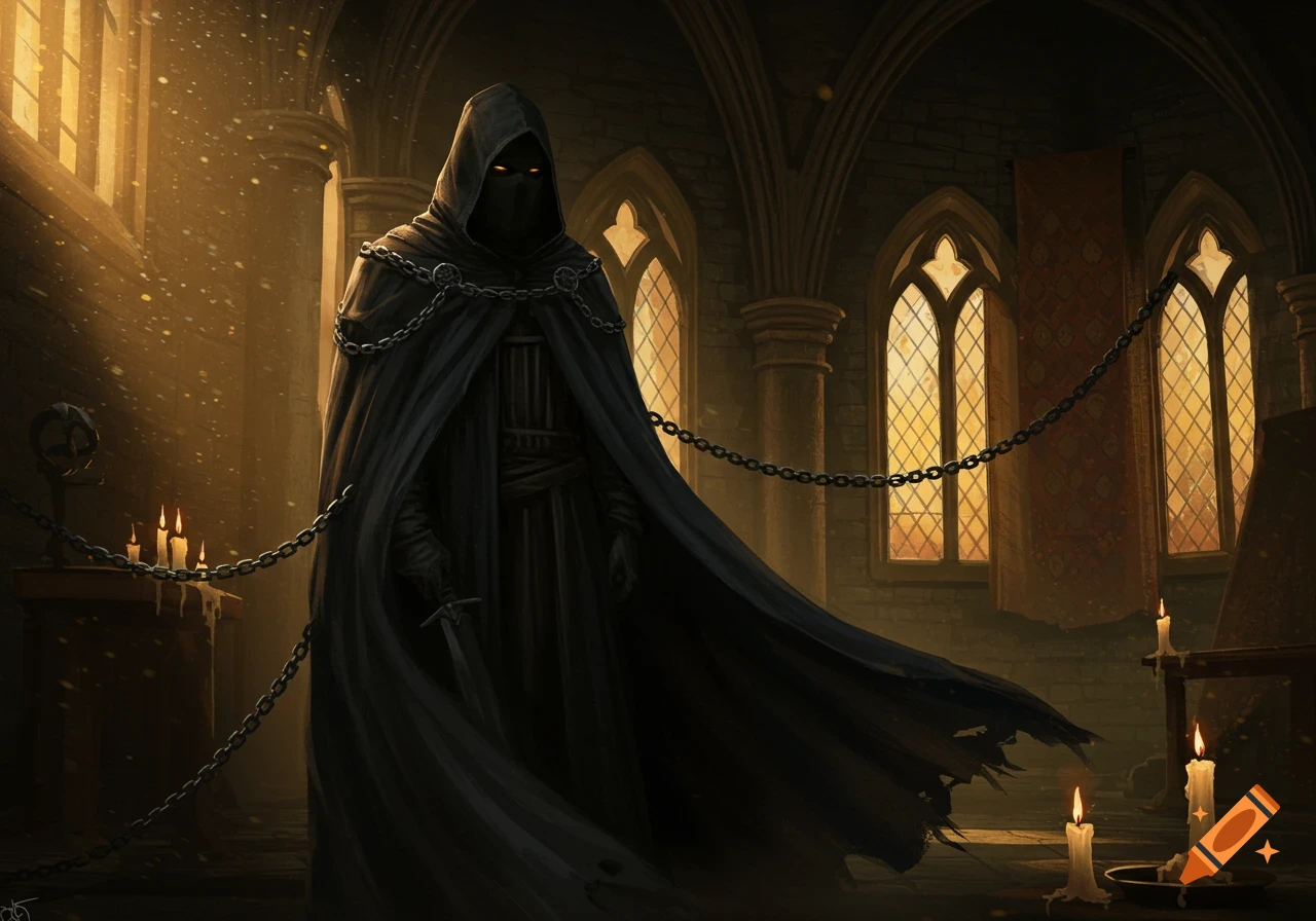 A dark cloaked figure with glowing eyes and chains, holding a dagger, stands in a sunlit gothic chamber with candles.