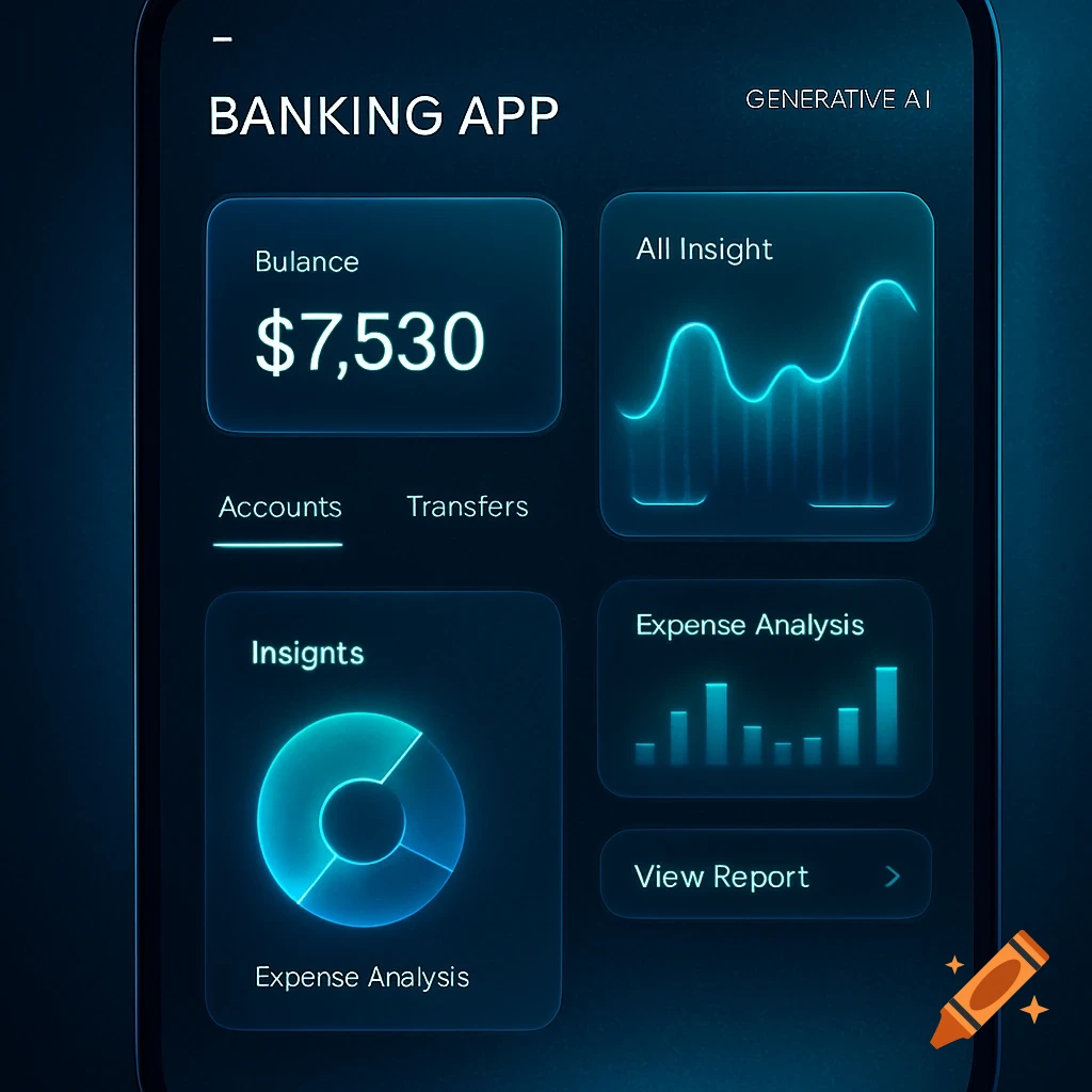 A dark-themed mobile banking app interface with glowing blue screens showing balance, charts, and expense analysis.