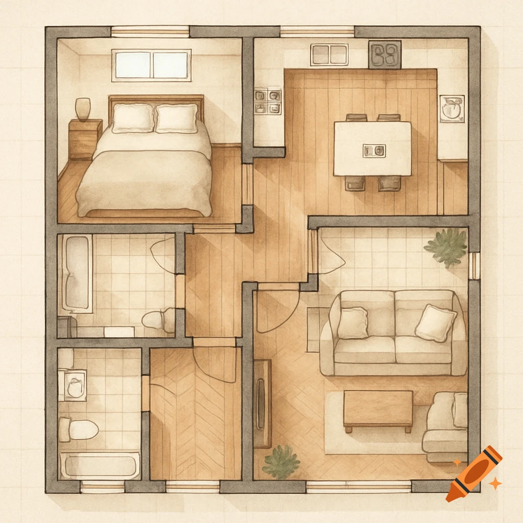 Hand-drawn watercolor floor plan of a house featuring a bedroom, kitchen with dining area, living room, and bathroom.