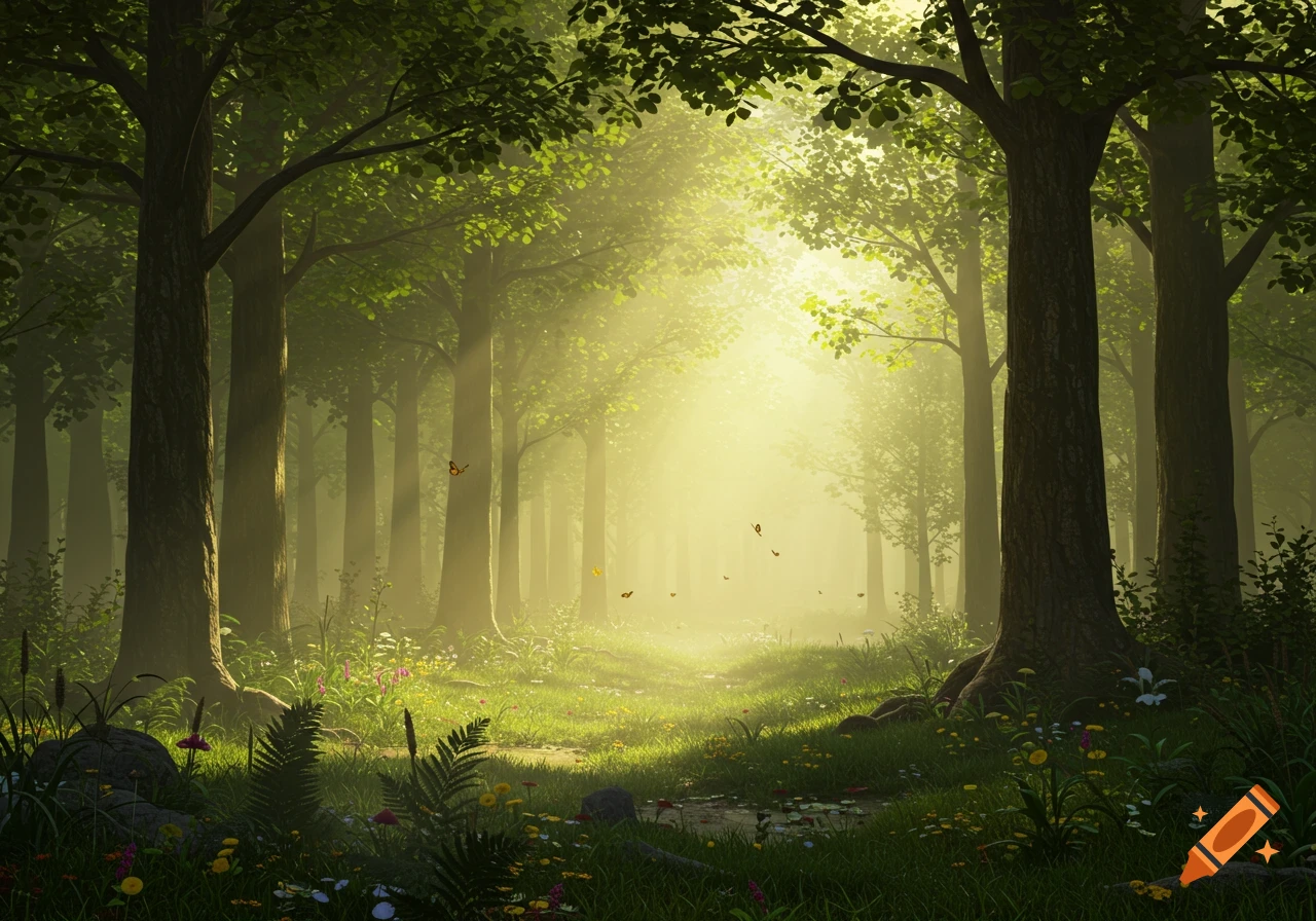 Sunlight streams through a lush green forest with a path leading into the mist, wildflowers, and butterflies.