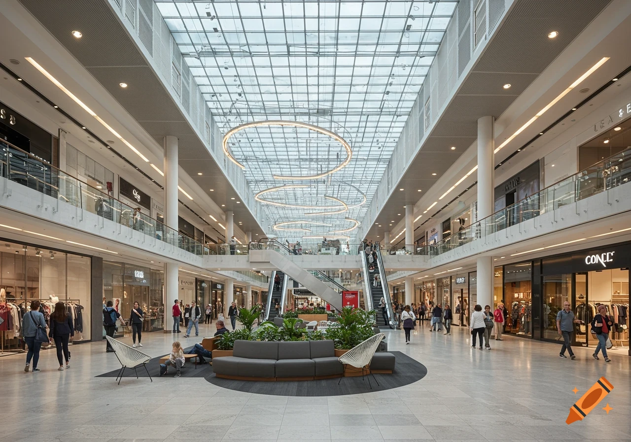 A wide shot of a modern, bright shopping mall interior with multiple levels of shops, escalators, and people walking. A glass roof lets in natural light.