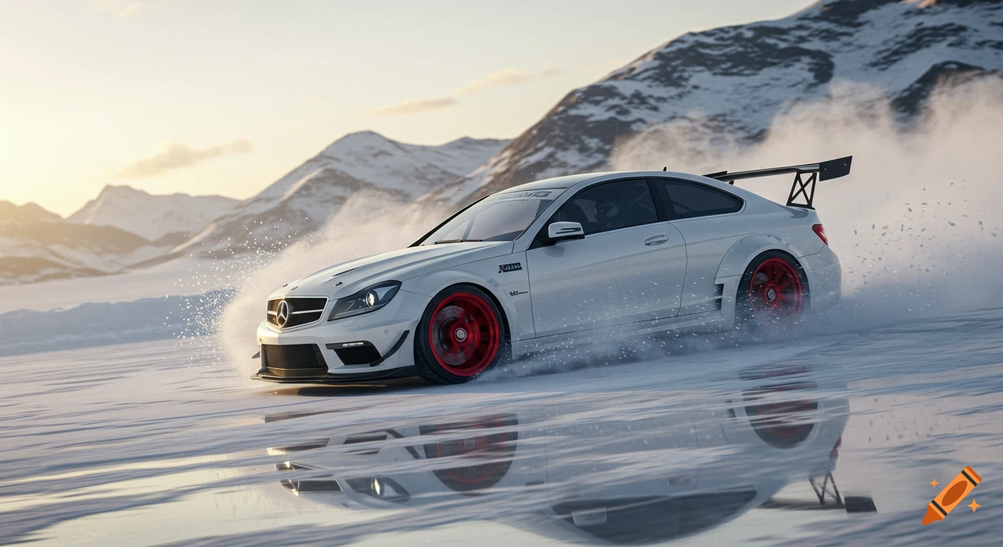 Photorealistic shot of a white Mercedes C63 AMG with red rims drifting in snow with snowy mountains in the background.