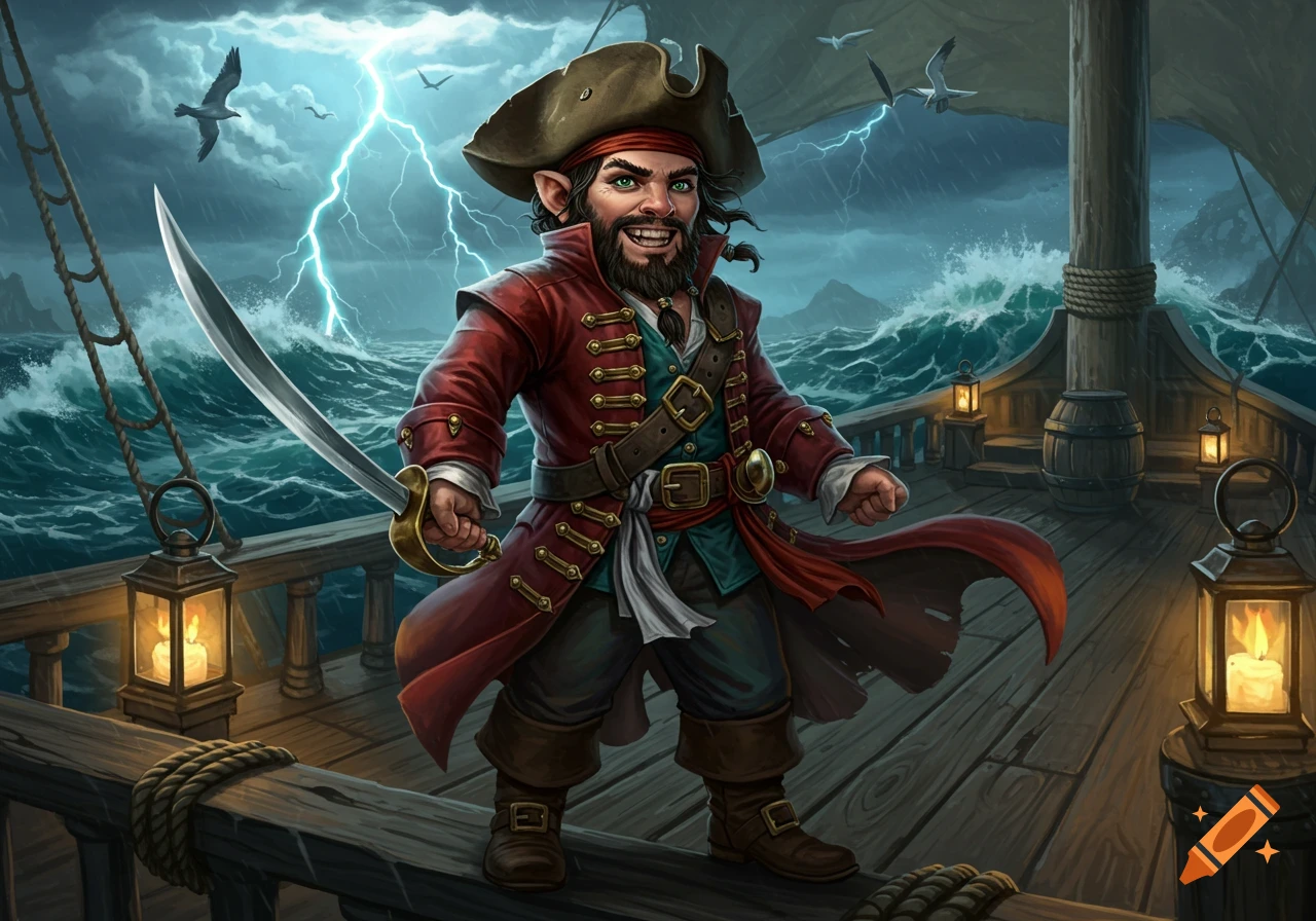 A jovial halfling pirate with a sword stands on a ship deck during a stormy night with lightning, illustrated in a digital art style.