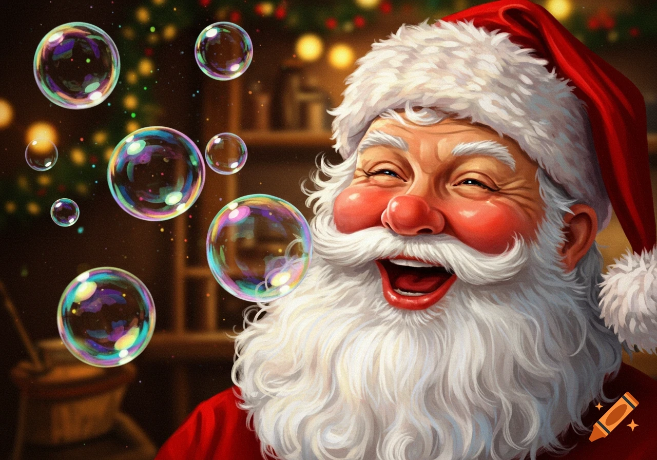 Close-up illustration of a laughing Santa Claus blowing colorful bubbles against a blurry festive background.