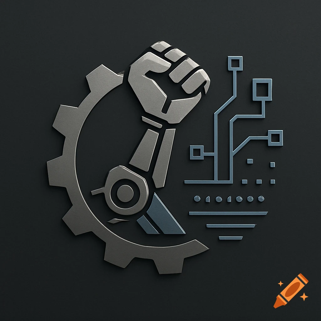 Stylized metallic gray robotic fist emerging from a gear with circuit board elements on a dark background.