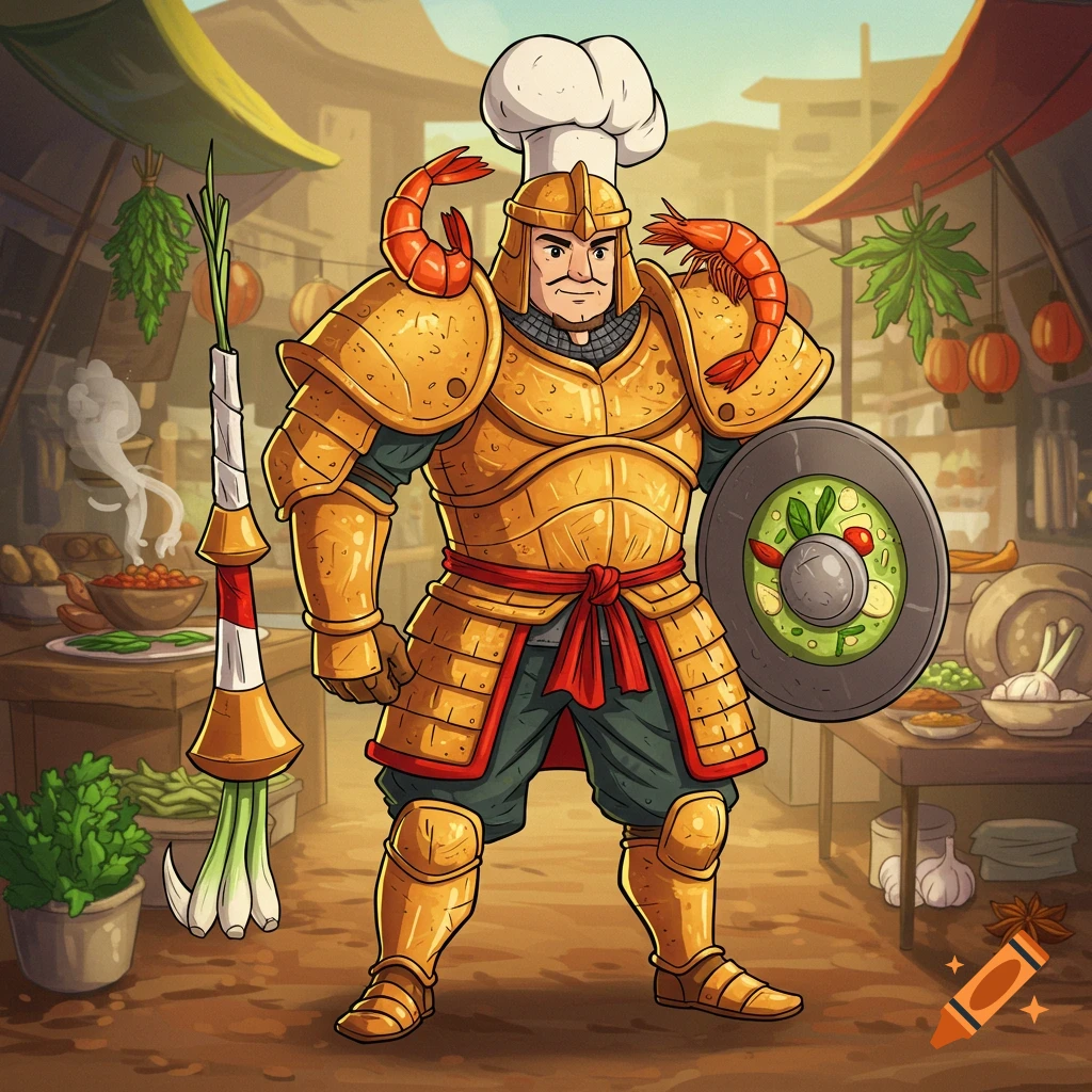 Cartoon soldier-chef in golden armor with a chef hat, holding a Thai dish shield and spring onion spear in a food market.