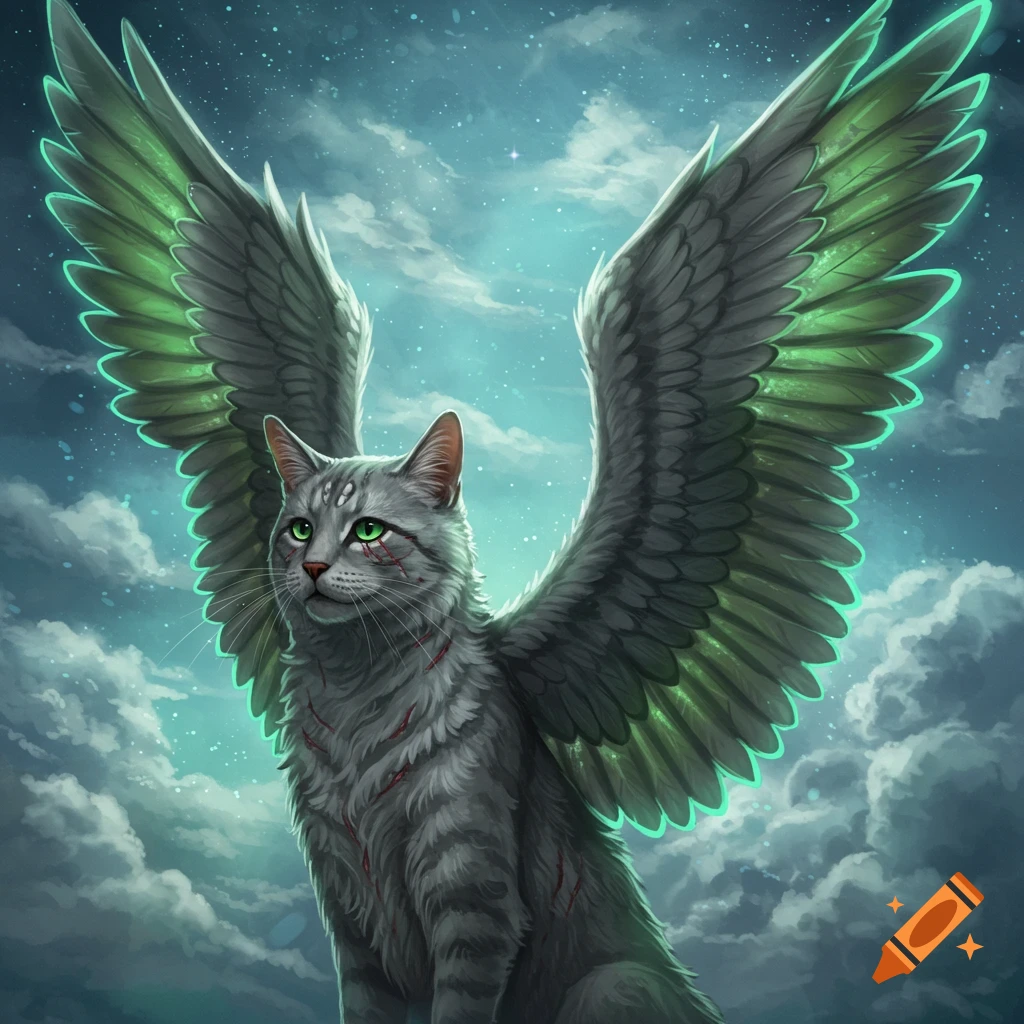 A majestic grey cat with vivid green eyes and scars, sporting large grey wings with glowing green tips, set against a cloudy night sky.