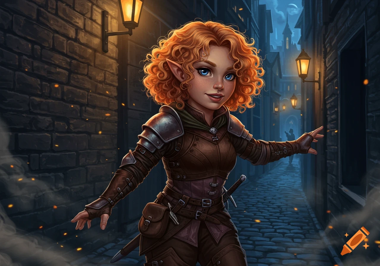 A smiling, red-haired female fantasy rogue character with pointed ears in a dark, lamp-lit cobblestone alley.
