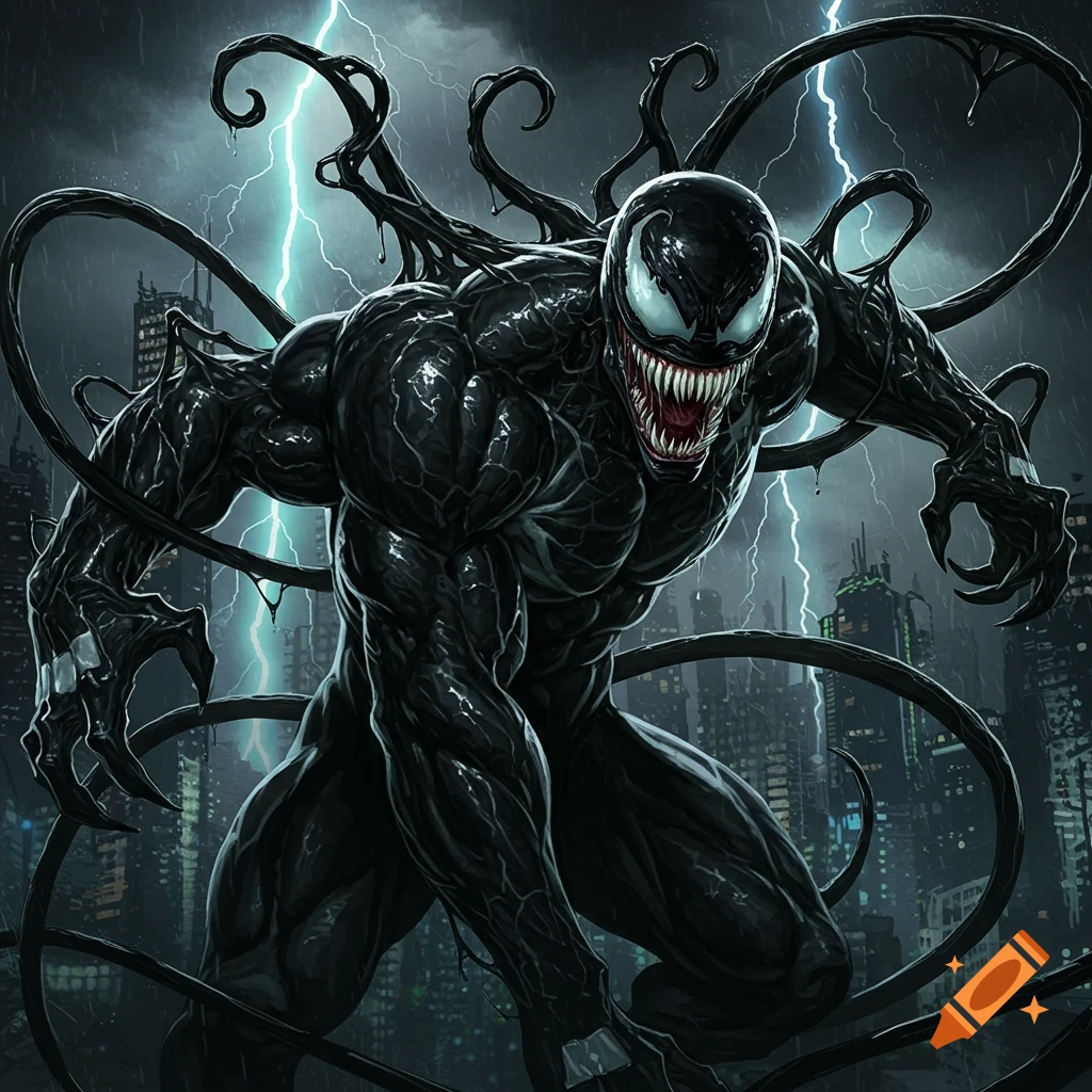 Muscular Venom with sharp teeth and tendrils in a dark, stormy city with lightning, comic book style.