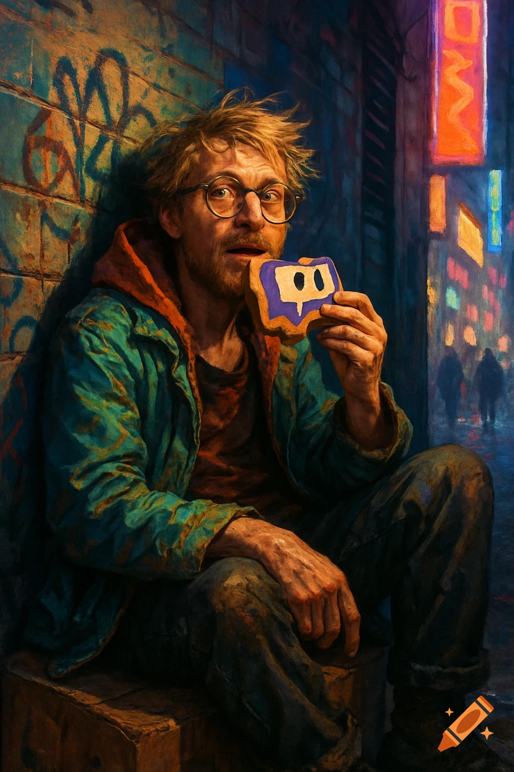 A disheveled man with glasses and a beard sits in an alley, eating a purple and white Twitch logo cookie, in a painterly style.