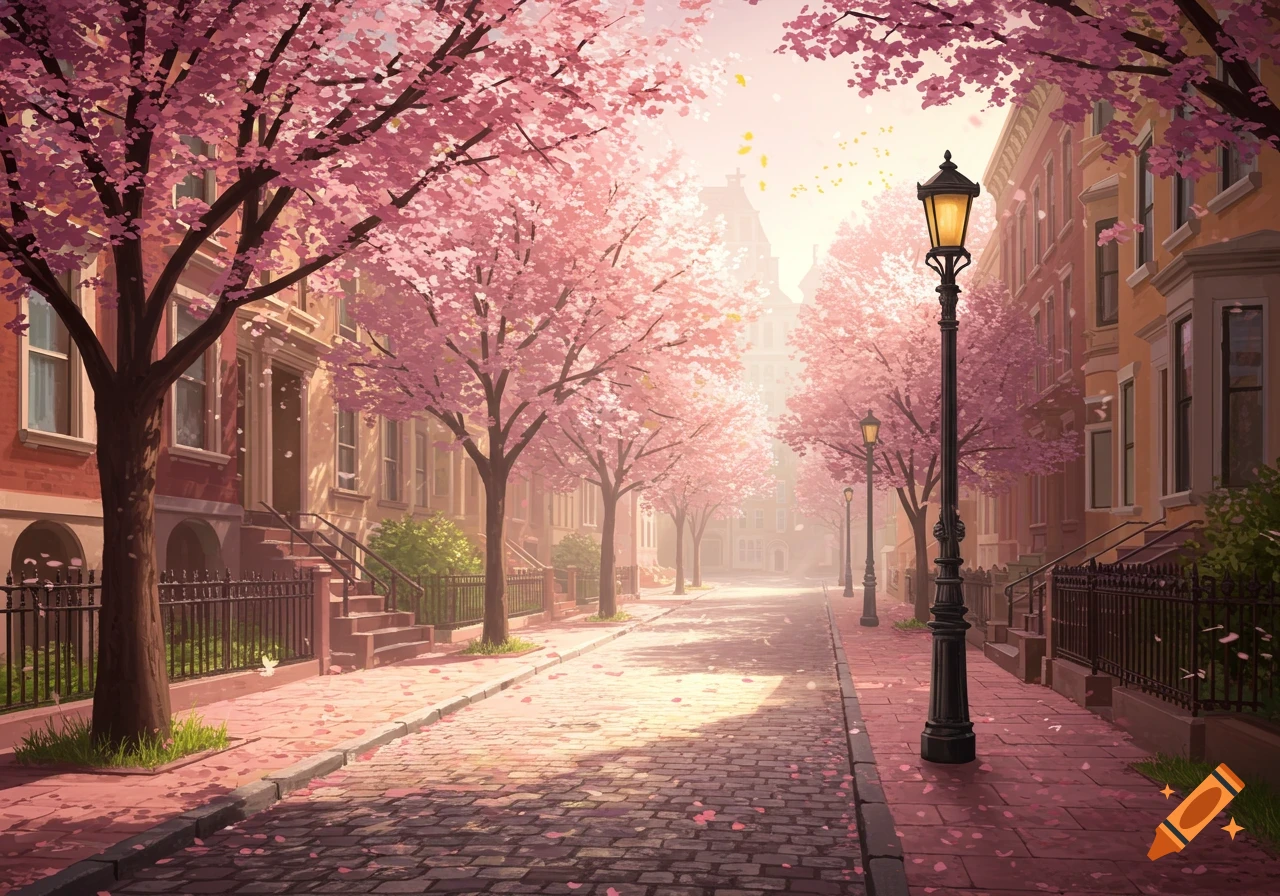 A picturesque city street in spring, lined with pink cherry blossom trees and historic buildings, under dappled sunlight.