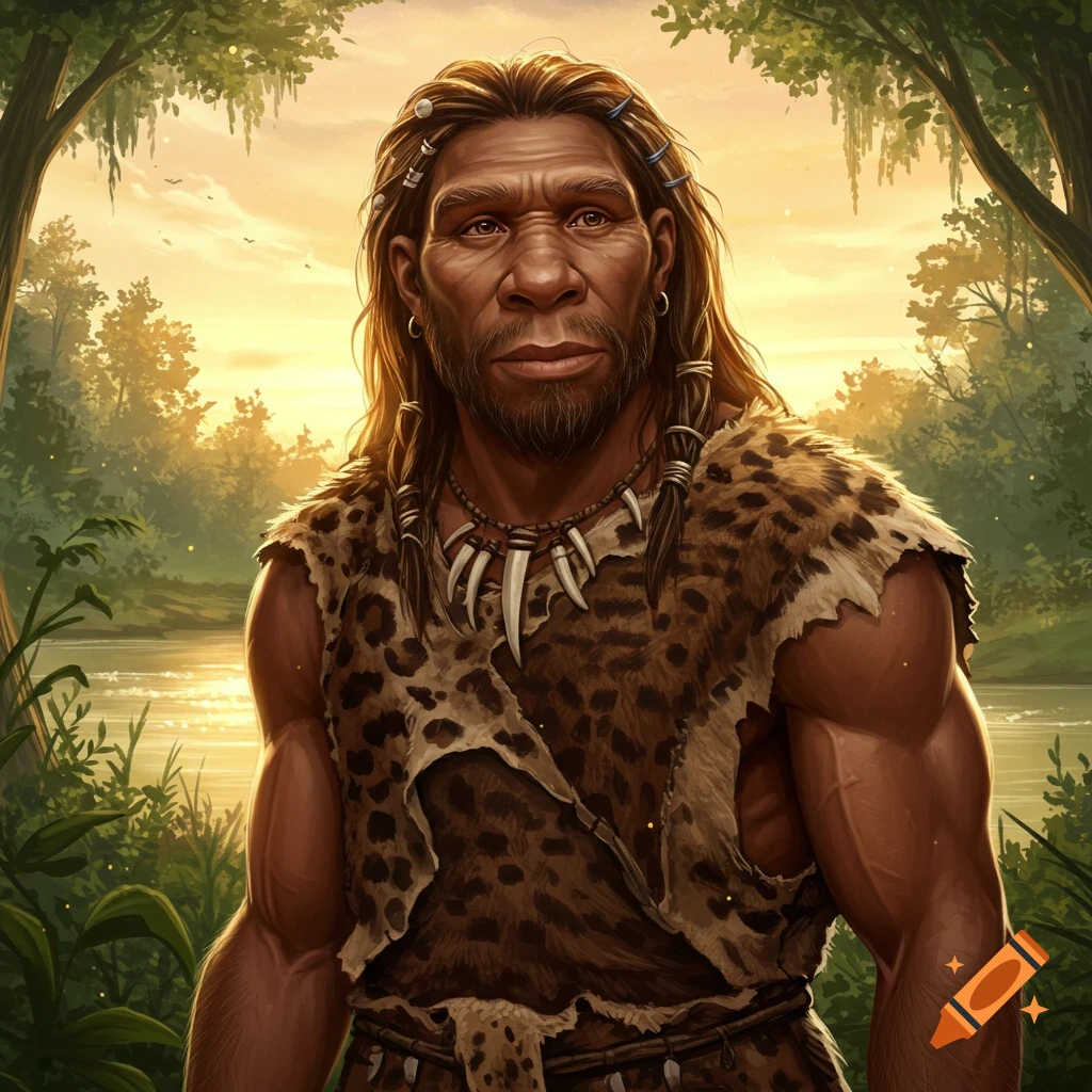 A realistic portrait of a Neanderthal man with long hair, beard, and fur tunic, against a lush forest and sunset background.