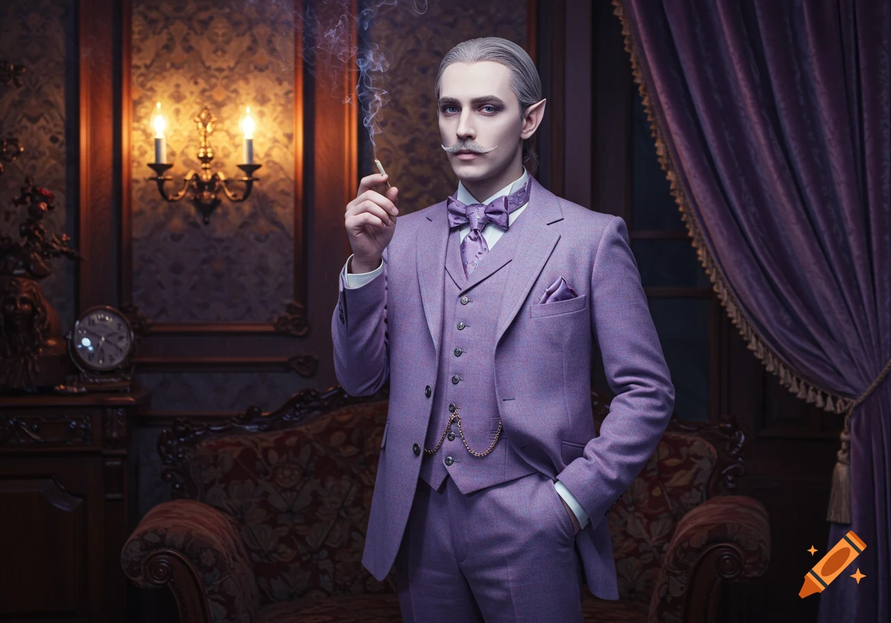 An elegant male vampire with pointed ears and a mustache, wearing a lilac Victorian suit, smoking in an opulent room.