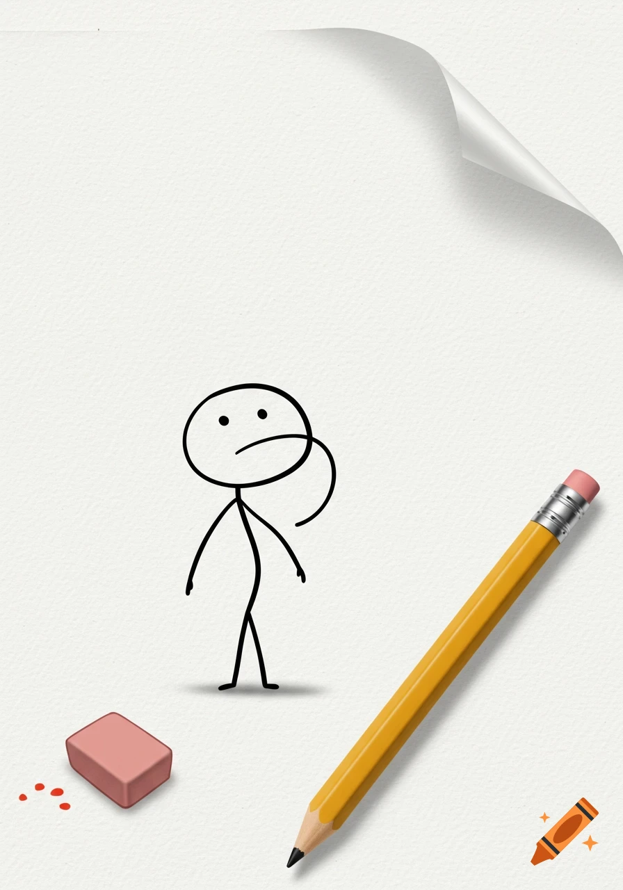 A simple stickman drawing with a sad expression on textured paper, next to a yellow pencil and a pink eraser.