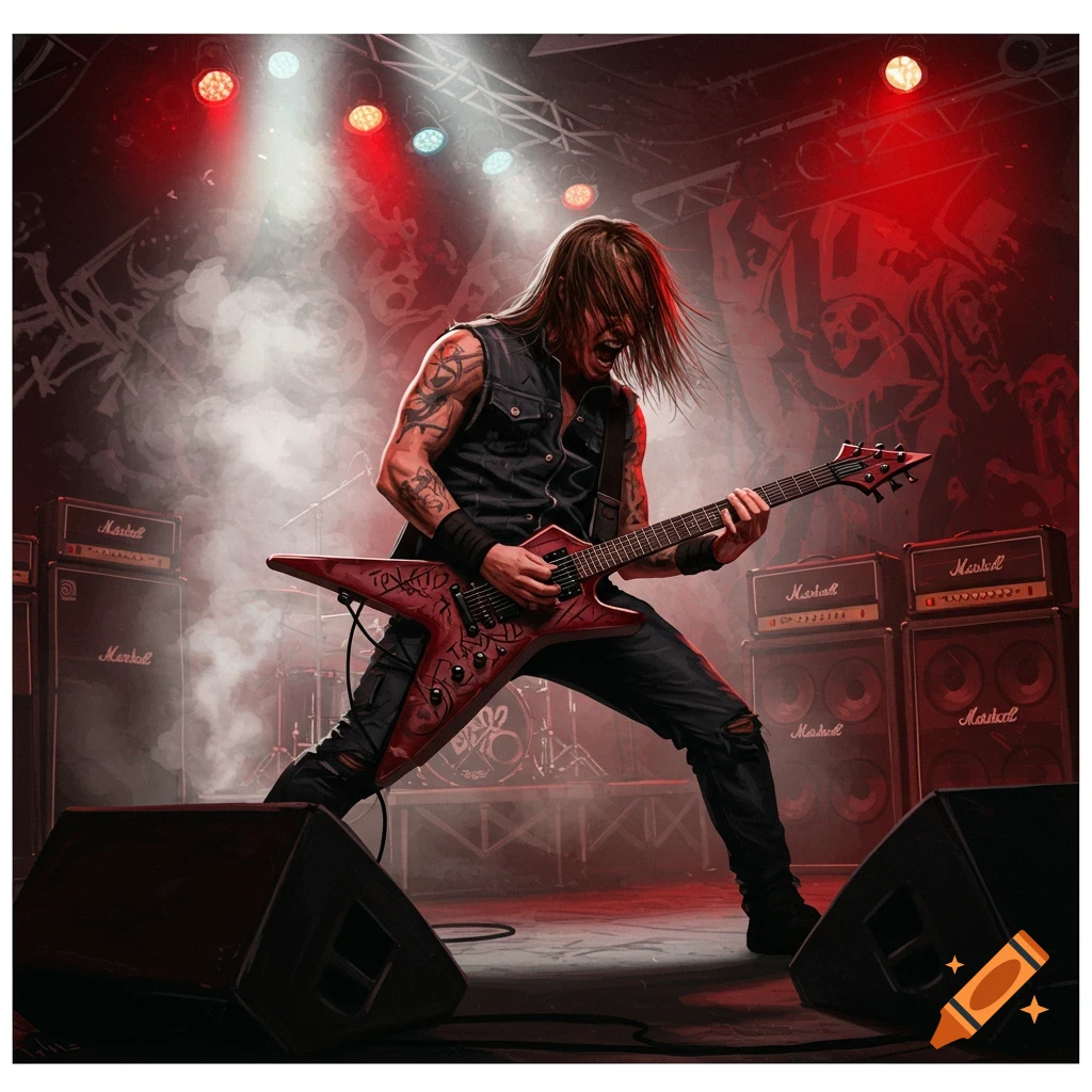 A heavy metal guitarist with long hair and tattoos plays a red V-shaped electric guitar on a dark stage with red and white spotlights.