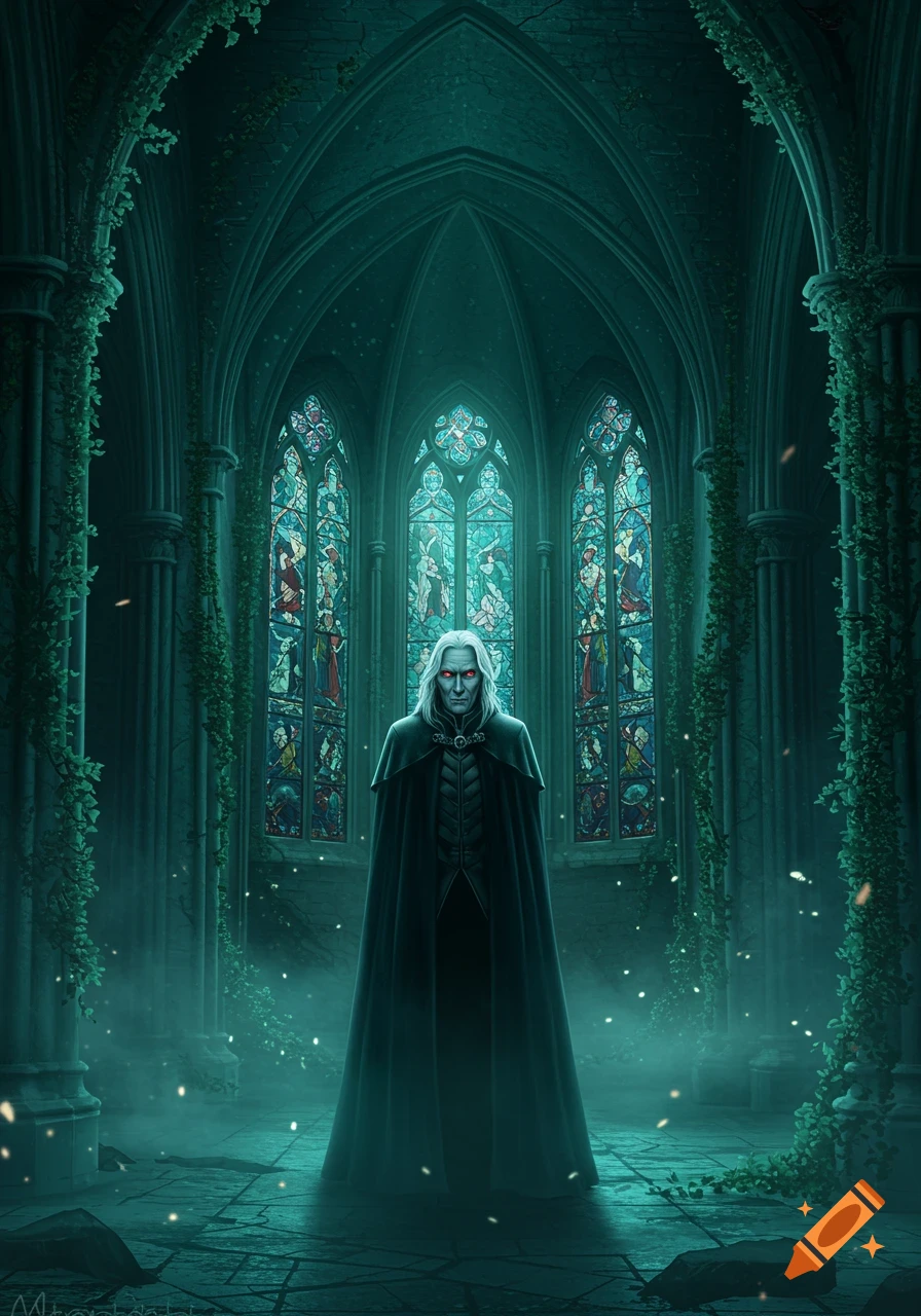 A pale, white-haired vampire with glowing red eyes stands in a dark, overgrown gothic church with stained glass windows.